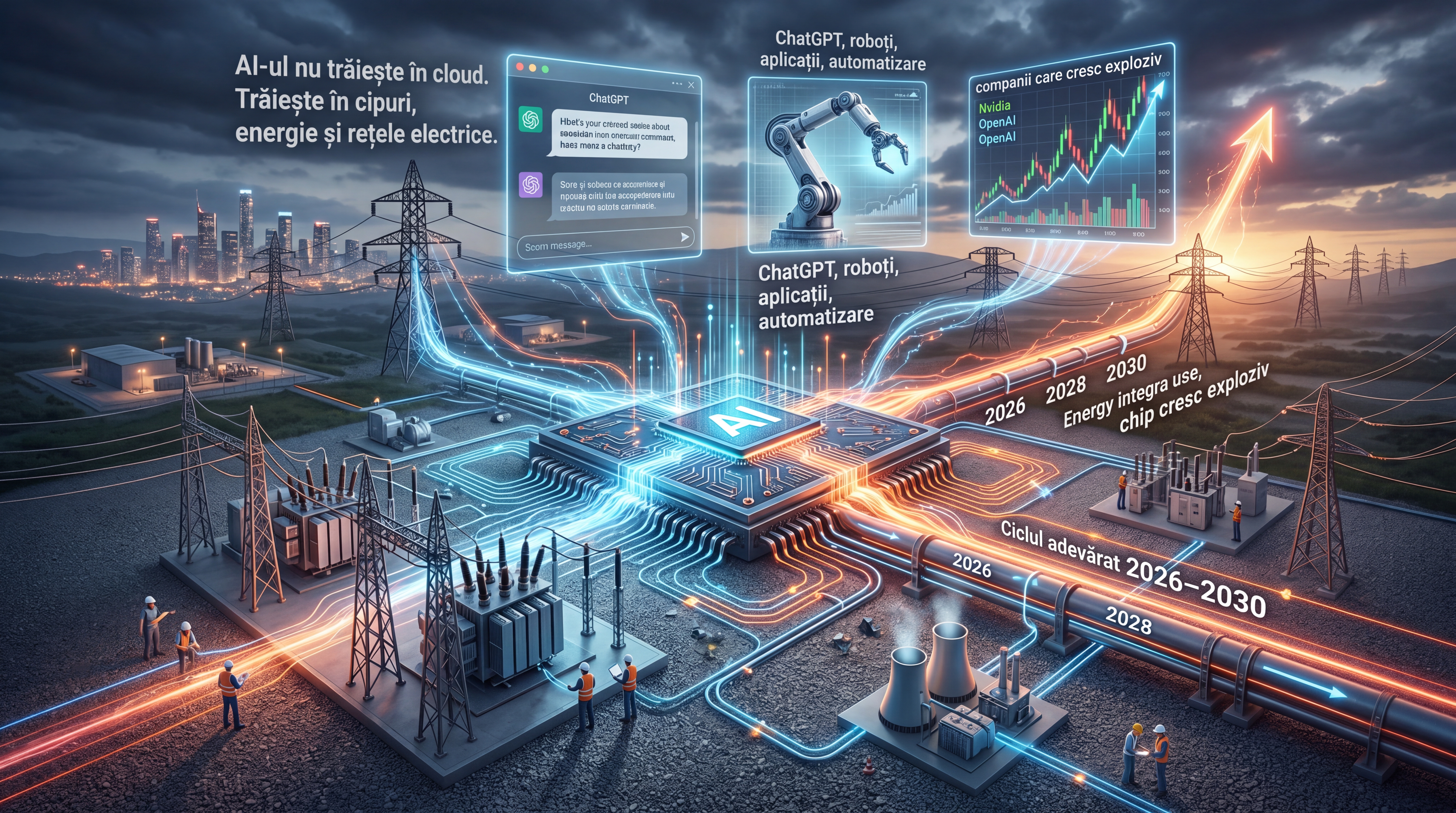 AI-ul nu trăiește în cloud. Trăiește în cipuri, energie și rețele electrice. Aici începe adevăratul ciclu 2026–2030